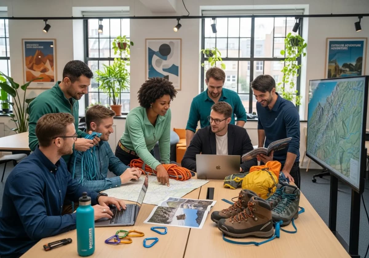 Team of outdoor enthusiasts in a modern office space, collaborating on gear selection