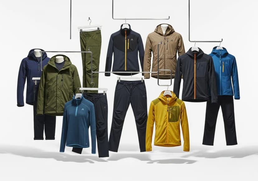 Outdoor clothing collection displayed on mannequins or hangers - jackets, pants, base layers
