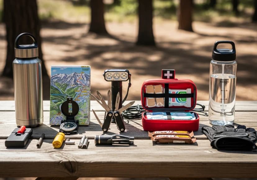 Adventure accessories spread out - headlamps, multi-tools, first aid kit, water bottles